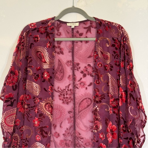 Umgee USA Velvet Burnout Burgundy Floral Paisley Sheer Kimono | Size M/L - Picture 2 of 8